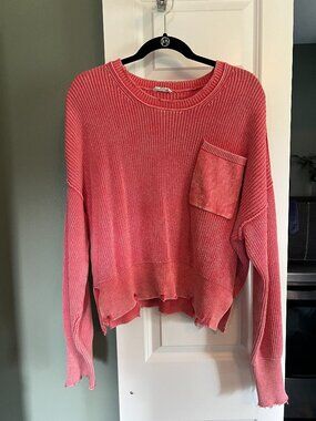 Motto Shop Distressed Sweater Pink Coral Raw Hem Oversized Size M